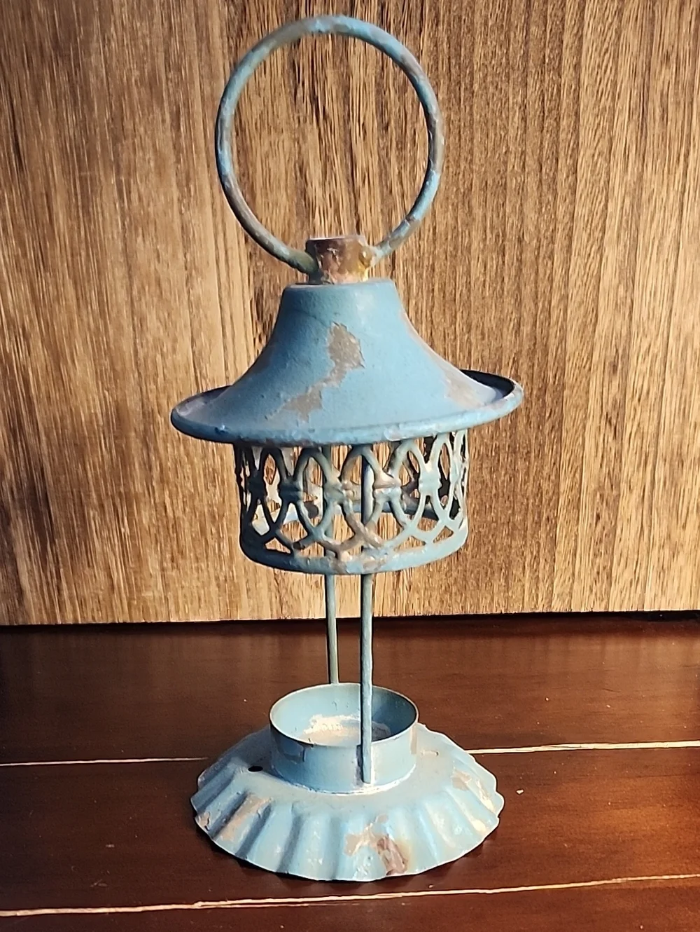 Distressed Blue Metal Decorative Lantern with Handle